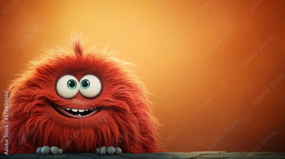 Fototapeta premium Cute Fluffy Monster on Orange Background