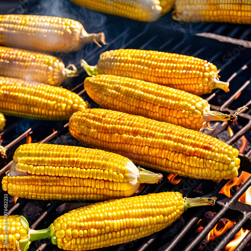 Sweetcorn grilling on a BBQ, with golden kernels slightly charred, releasing a smoky aroma. The vibrant yellow contrasts with the blackened grill marks, evoking a sense of summer cookouts and outdoor 