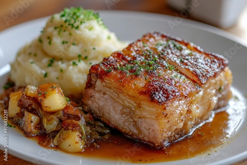 Crispy Pork Belly with Mashed Potatoes and Gravy