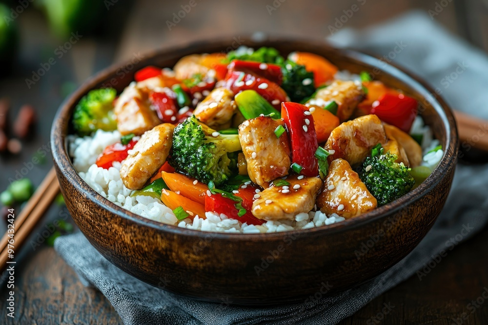Teriyaki Chicken with Broccoli, Bell Peppers, and Carrots Served over Rice in a Wooden Bowl Teriyaki Chicken with Broccoli, Bell Peppers, and Carrots Served over Rice in a Wooden Bowl