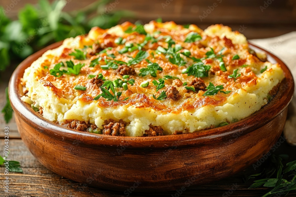 Close-up of a rustic wooden bowl filled with mashed potato casserole topped with parsley Close-up of a rustic wooden bowl filled with mashed potato casserole topped with parsley