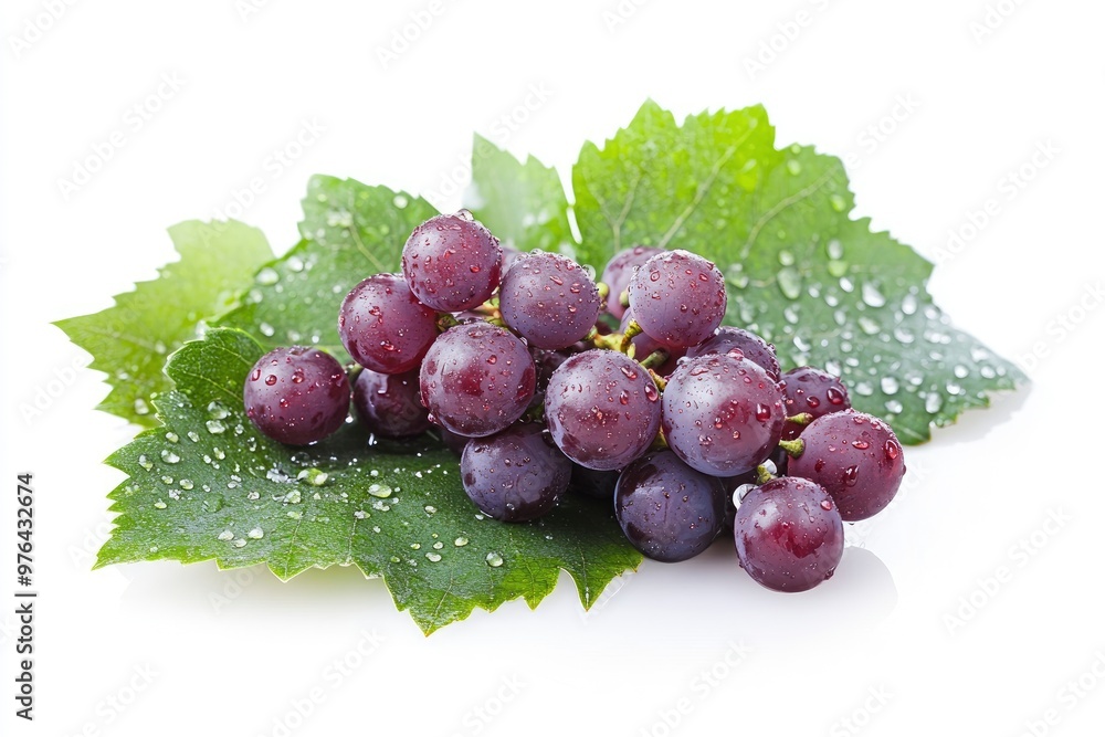 Fototapeta premium Small bunch of red table grape with grape leaves covered with water drops isolated on white background, ai