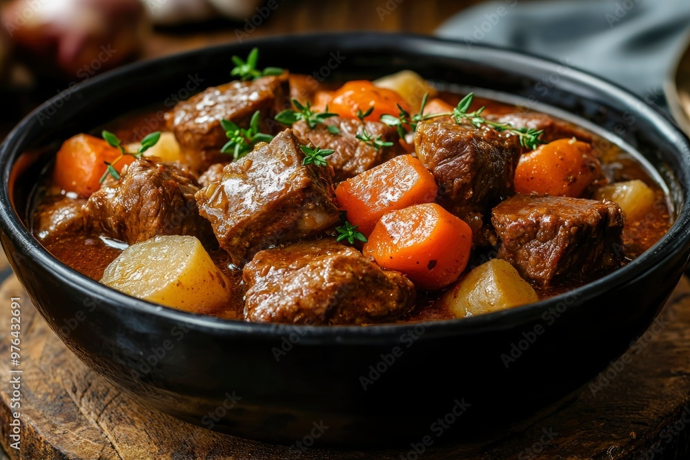 Close-up of Beef Stew with Carrots and Potatoes in a Black Bowl Close-up of Beef Stew with Carrots and Potatoes in a Black Bowl