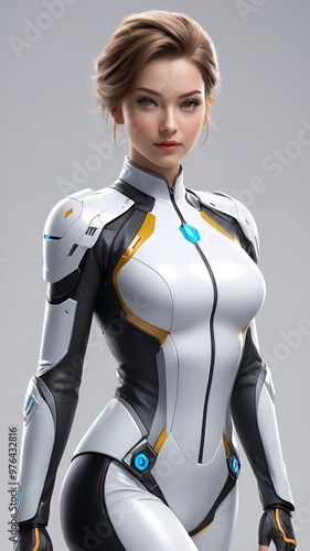 A woman with captivating blue eyes dressed in a modern futuristic suit, inspired by a beautiful game character
