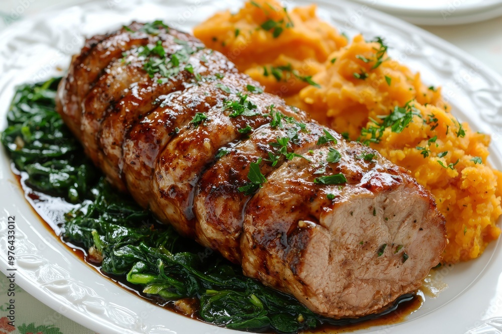 Roasted Pork Tenderloin with Sweet Potato Mash and Sauteed Spinach Roasted Pork Tenderloin with Sweet Potato Mash and Sauteed Spinach