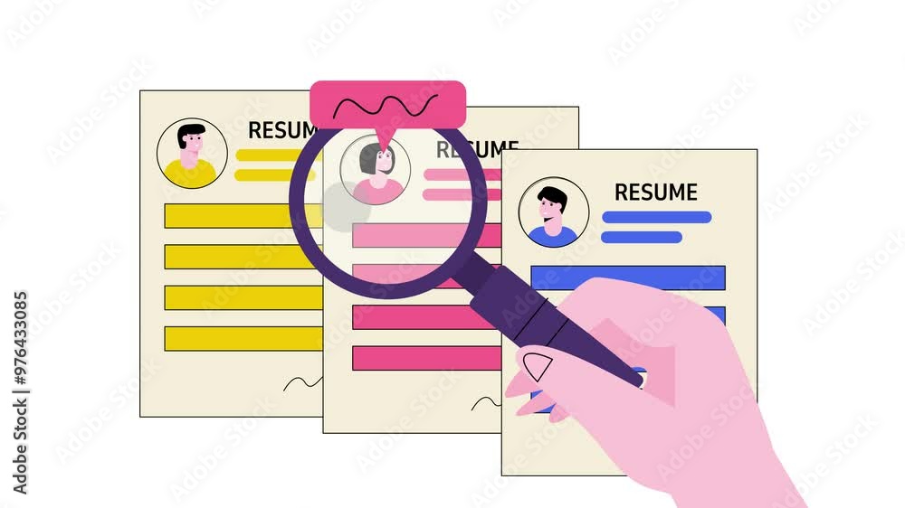 2d animation of a hand holding a magnifying glass looking at a resume, illustrating selecting employee candidates in the recruitment process 2d animation of a hand holding a magnifying glass looking at a resume, illustrating selecting employee candidates in the recruitment process