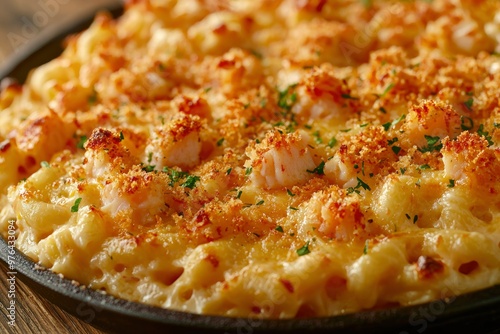 Close-up of Creamy Mac and Cheese with Crispy Breadcrumbs and Herbs