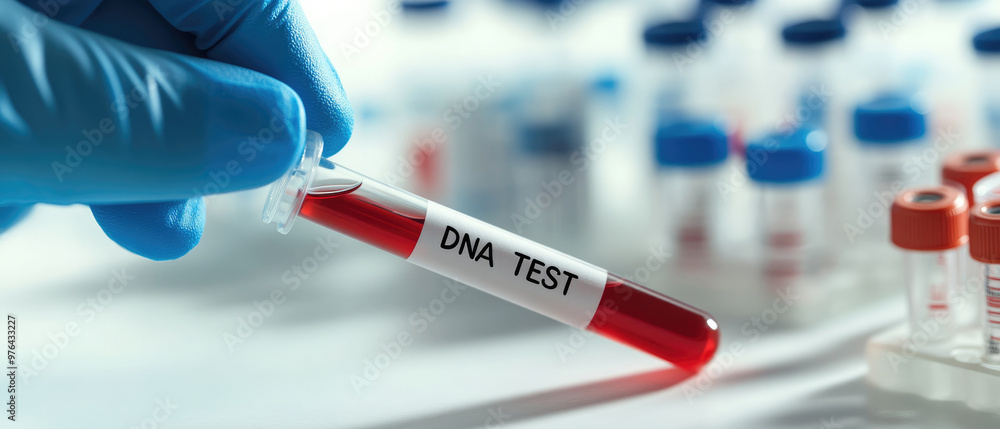 A person is holding a red tube that says DNA test. The tube is on a table with other tubes A person is holding a red tube that says DNA test. The tube is on a table with other tubes
