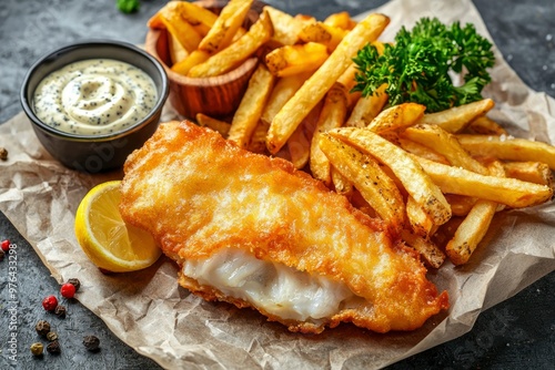 Crispy Fried Fish Fillet with French Fries, Lemon, and Parsley