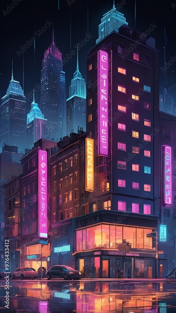 Obraz premium Neon lights illuminate a vibrant cityscape at night, creating a stunning urban atmosphere