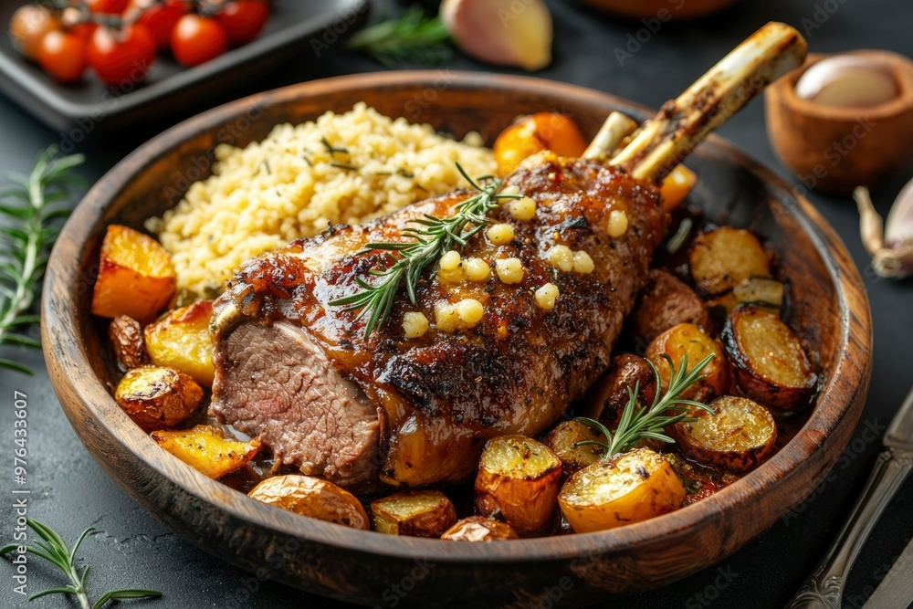 Roasted Lamb Shank with Potatoes, Couscous and Rosemary Roasted Lamb Shank with Potatoes, Couscous and Rosemary