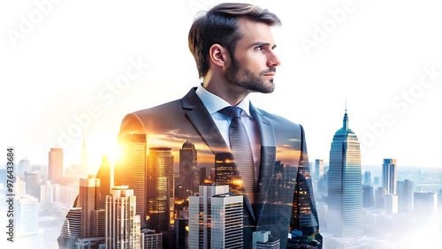 Businessman with City Skyline Double Exposure.