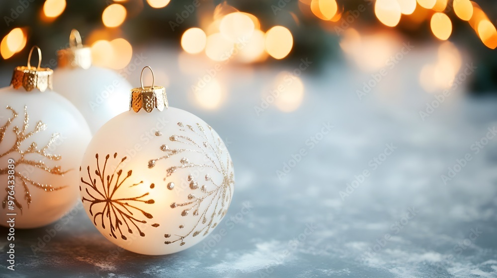 White Christmas Ornaments with Golden Sparkle & Bokeh White Christmas Ornaments with Golden Sparkle & Bokeh