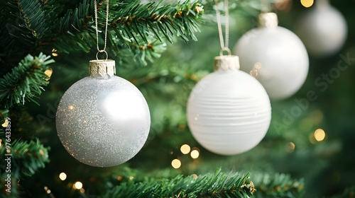 White Christmas Ornaments on Green Tree with Lights