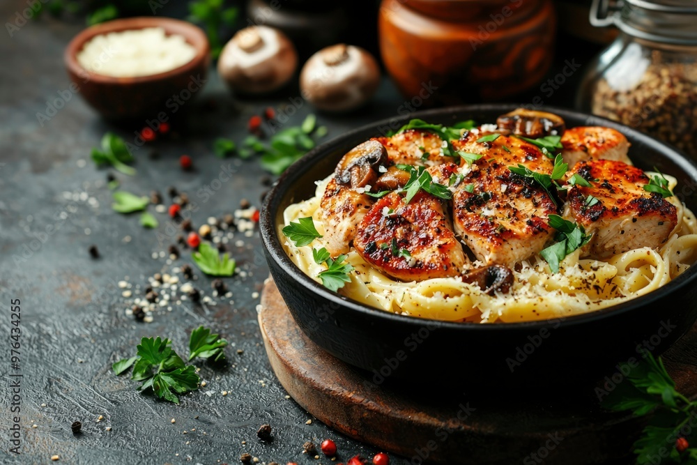 Close-up of Creamy Pasta with Chicken, Mushrooms, and Parsley in a Black Bowl Close-up of Creamy Pasta with Chicken, Mushrooms, and Parsley in a Black Bowl