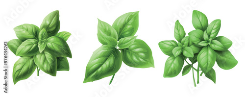 Fresh basil leaves vector illustration set on transparent background, design elements