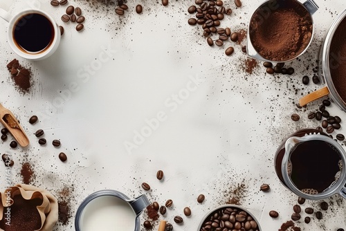 Photo of a coffee and milk cup with coffee beans on the side, surrounded by an array of various cafe products on a white background. Copy space in the left and center