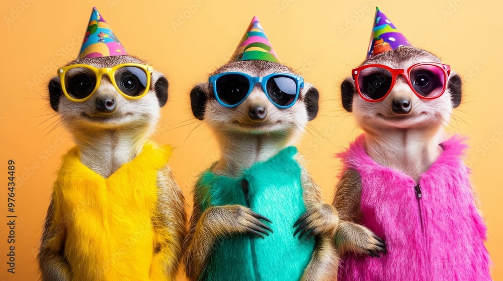 Three meerkats wearing party hats and sunglasses. Three meerkats wearing party hats and sunglasses.