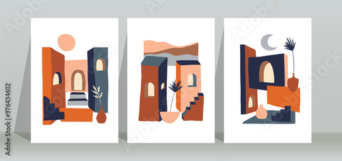 Set of 3 bohemian poster background with mid century element, pottery, palm leaf, stair and abstract shape element. Suitable for wall art, home decor, background, poster, cover and other template.