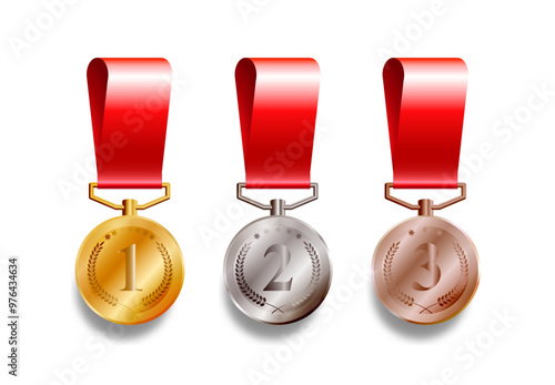 Realistic medals, gold, silver and bronze with red ribbon.