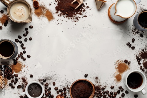 Photo of a coffee and milk cup with coffee beans on the side, surrounded by an array of various cafe products on a white background. Copy space in the left and center