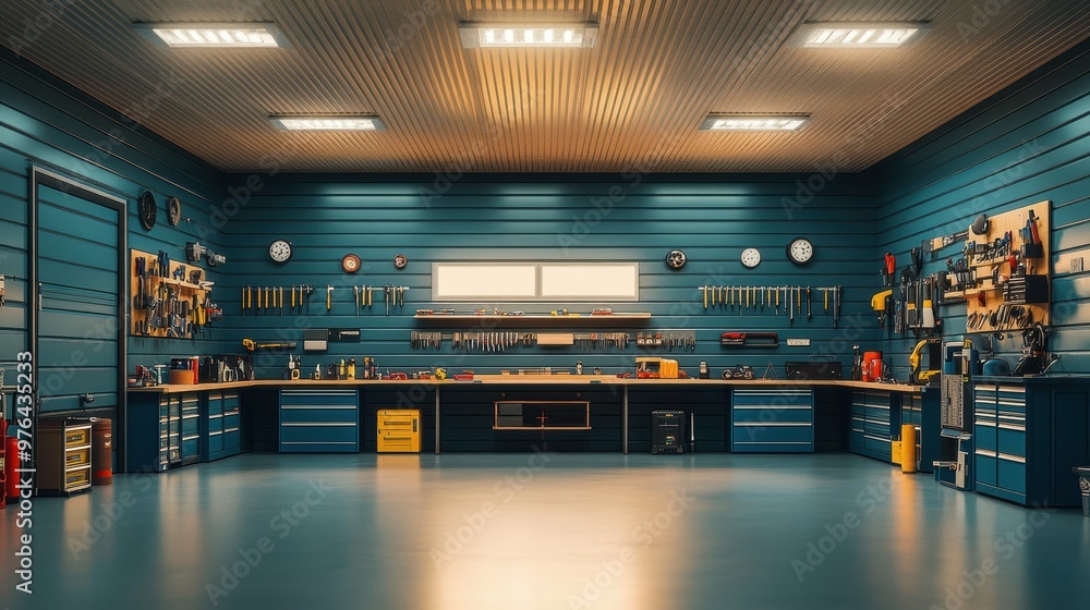 Spacious well-organized garage workshop with ample storage a workbench and tools neatly arranged Spacious well-organized garage workshop with ample storage a workbench and tools neatly arranged