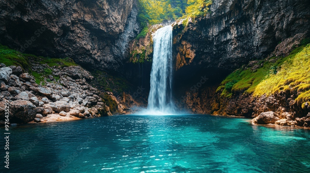 Naklejka premium Dramatic cascading waterfall plunging over a towering cliff-lined mountainside into a pristine turquoise pool