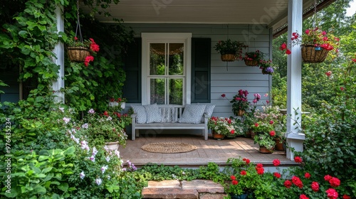 Charming cottage-style front porch with a cozy seating area hanging baskets and a well-tended flower garden