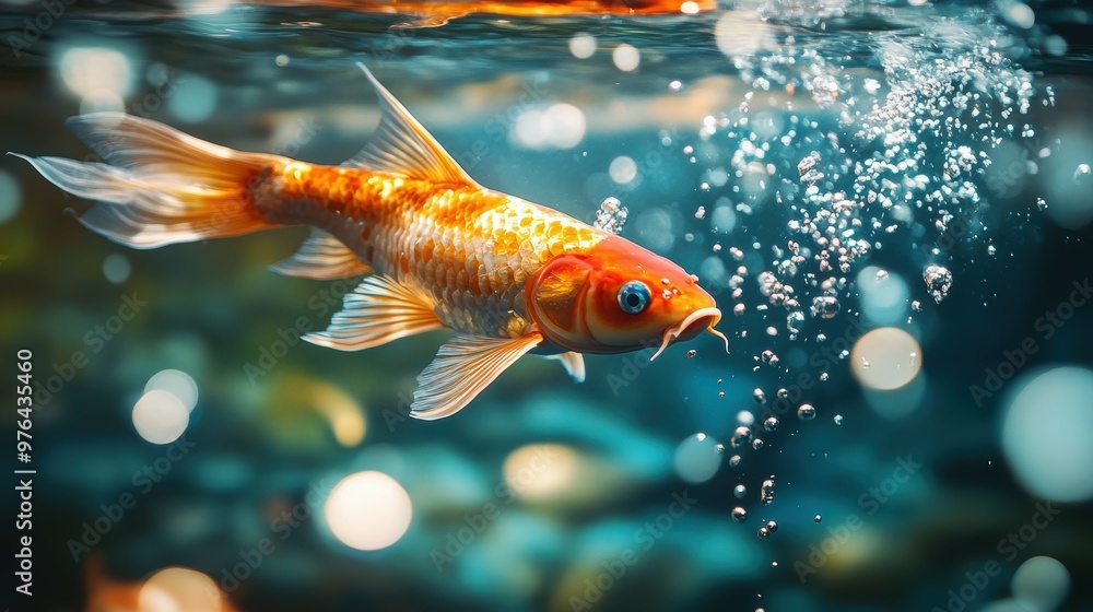 Powerful golden koi fish bursting through a reflective mirrored surface Powerful golden koi fish bursting through a reflective mirrored surface
