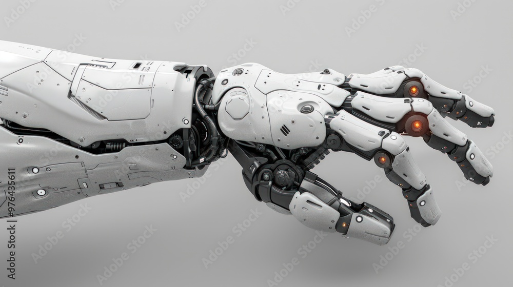 A white robotic arm with a detailed mechanical structure. The arm is extended, and the hand is open with a slight curve in the fingers. The fingertips have glowing orange lights. A white robotic arm with a detailed mechanical structure. The arm is extended, and the hand is open with a slight curve in the fingers. The fingertips have glowing orange lights.