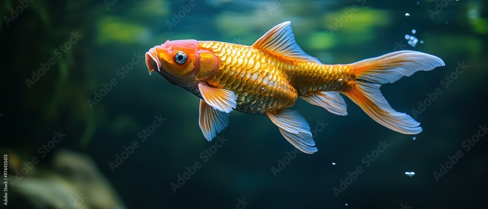 Naklejka premium Powerful golden koi fish bursting through a reflective mirrored surface