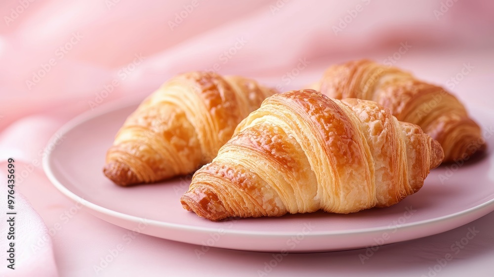 Freshly baked flaky croissants presented in a simple minimalist setting with a soft pastel gradient Freshly baked flaky croissants presented in a simple minimalist setting with a soft pastel gradient
