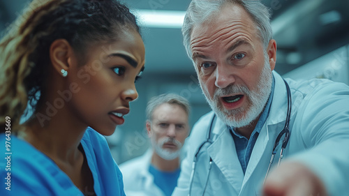 In a hospital room, a doctor angrily confronts a nurse as a concerned patient watches.