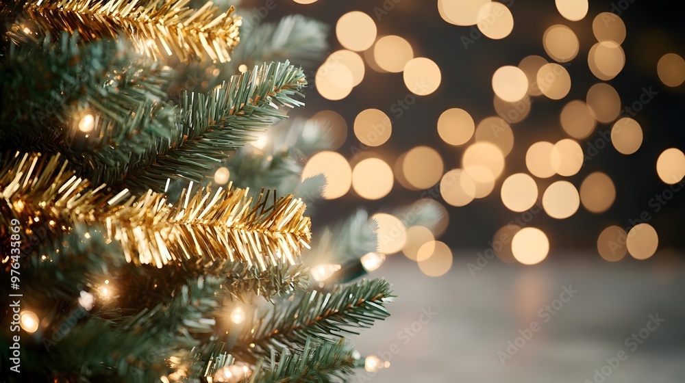 Christmas Tree Branch with Gold Tinsel and Lights Christmas Tree Branch with Gold Tinsel and Lights