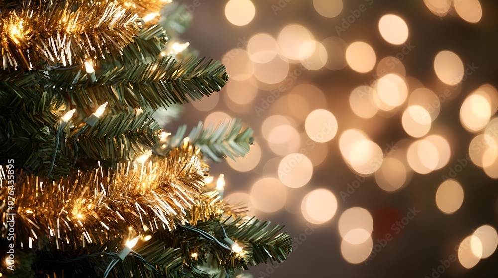 Christmas Tree Branch with Golden Tinsel and Lights Christmas Tree Branch with Golden Tinsel and Lights