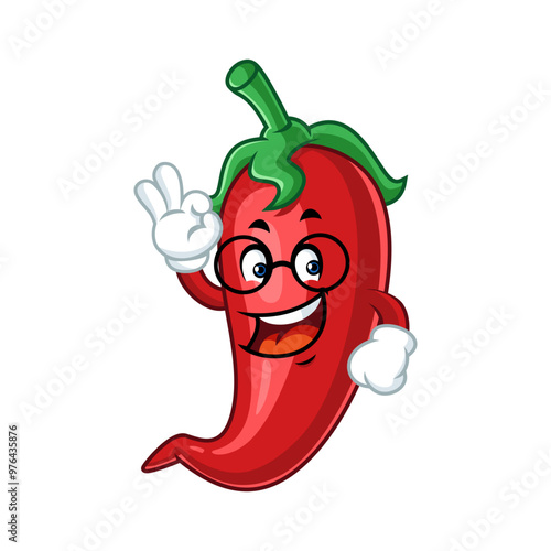 Funny cartoon chili pepper wearing glasses and giving the OK sign. Mascot character for spicy food, restaurant or brand.