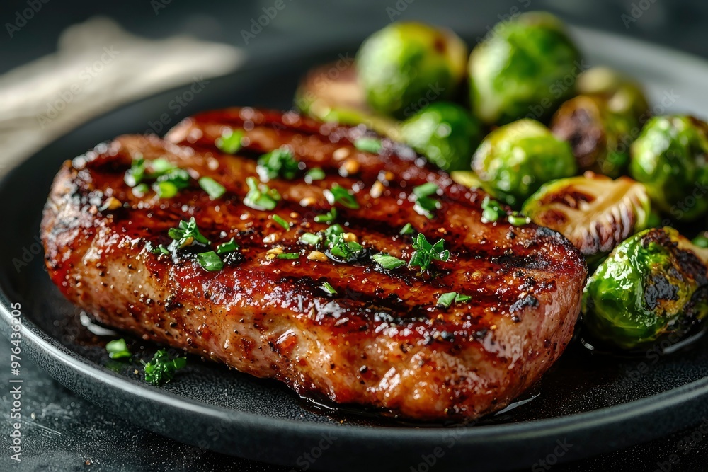 Grilled Steak with Roasted Brussels Sprouts on a Black Plate Grilled Steak with Roasted Brussels Sprouts on a Black Plate