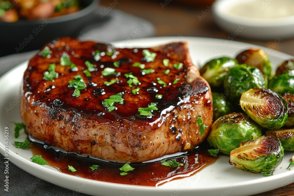 Glazed Pork Chop with Roasted Brussels Sprouts and Parsley Garnish Glazed Pork Chop with Roasted Brussels Sprouts and Parsley Garnish
