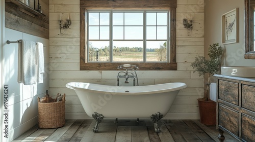 Serene Rustic Farmhouse Bathroom with Clawfoot Tub, Weathered Wood Accents, and Natural Light