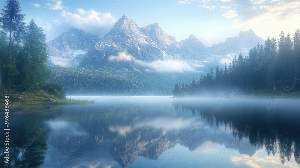 Tranquil Reflections: Misty Mountain Lake and Towering Forest Peaks Tranquil Reflections: Misty Mountain Lake and Towering Forest Peaks
