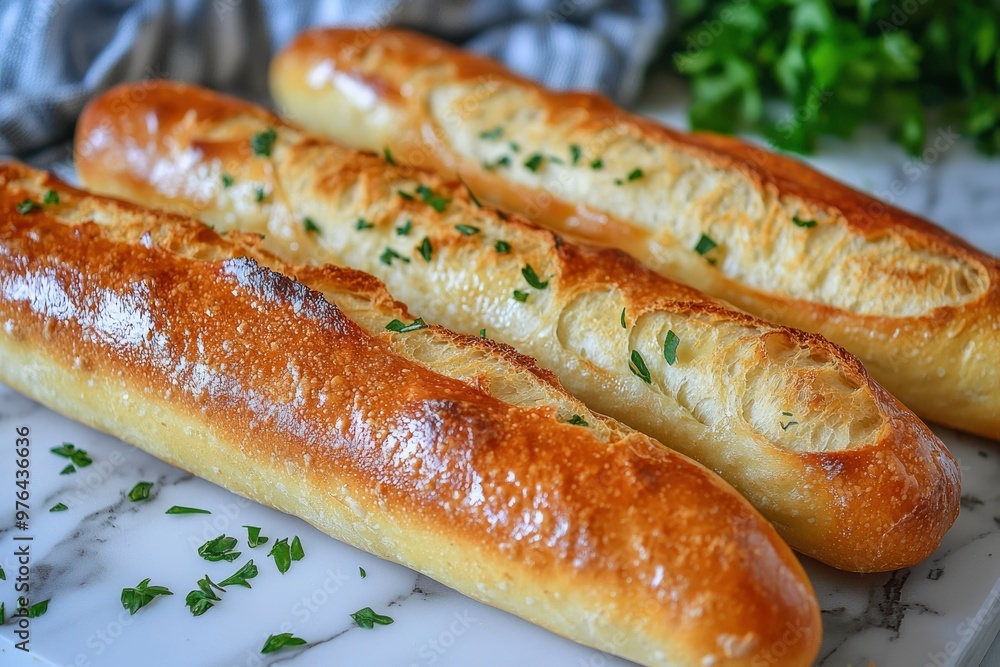 Three Golden Brown Baguettes with Fresh Parsley Three Golden Brown Baguettes with Fresh Parsley
