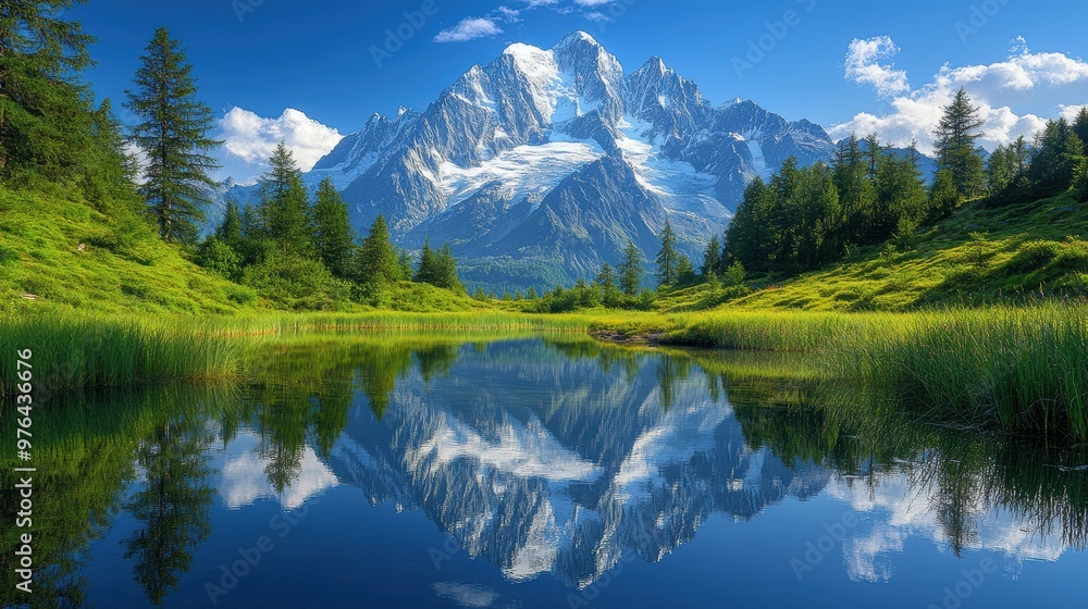 Majestic snow-capped mountain peaks reflected in the still mirror-like surface of a tranquil alpine lake Majestic snow-capped mountain peaks reflected in the still mirror-like surface of a tranquil alpine lake