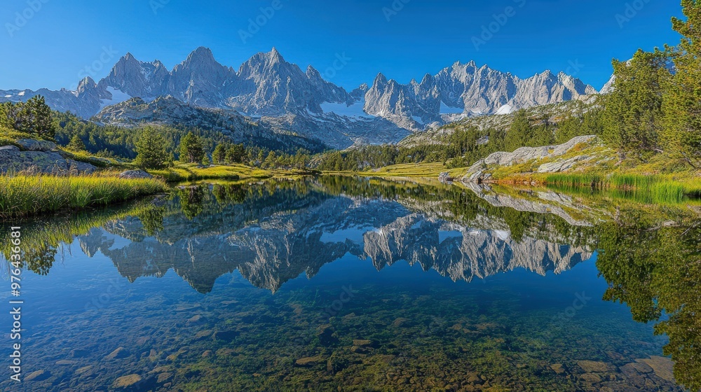 Majestic snow-capped mountain peaks reflected in the still mirror-like surface of a tranquil alpine lake Majestic snow-capped mountain peaks reflected in the still mirror-like surface of a tranquil alpine lake