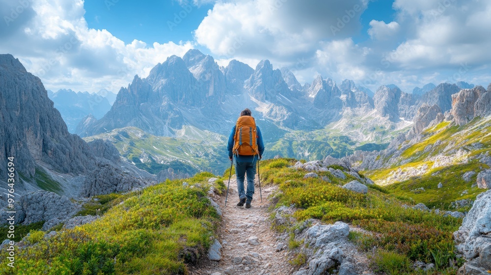 Obraz premium Adventurous hiker exploring a winding rocky mountain trail with sweeping vistas of the surrounding peaks
