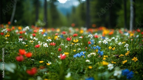 Lush verdant forest floor blanketed with a vibrant array of wildflowers in the aftermath of a heavy rainfall
