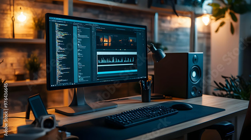 Computer Desk Setup with Monitor, Keyboard and Mouse - Photo