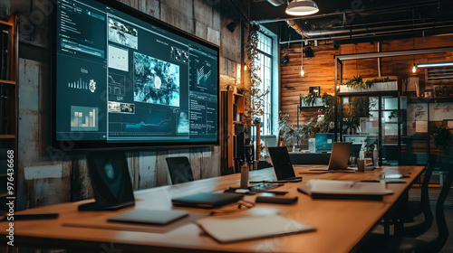 Modern Office Conference Room with Data Visualization on Large Screen