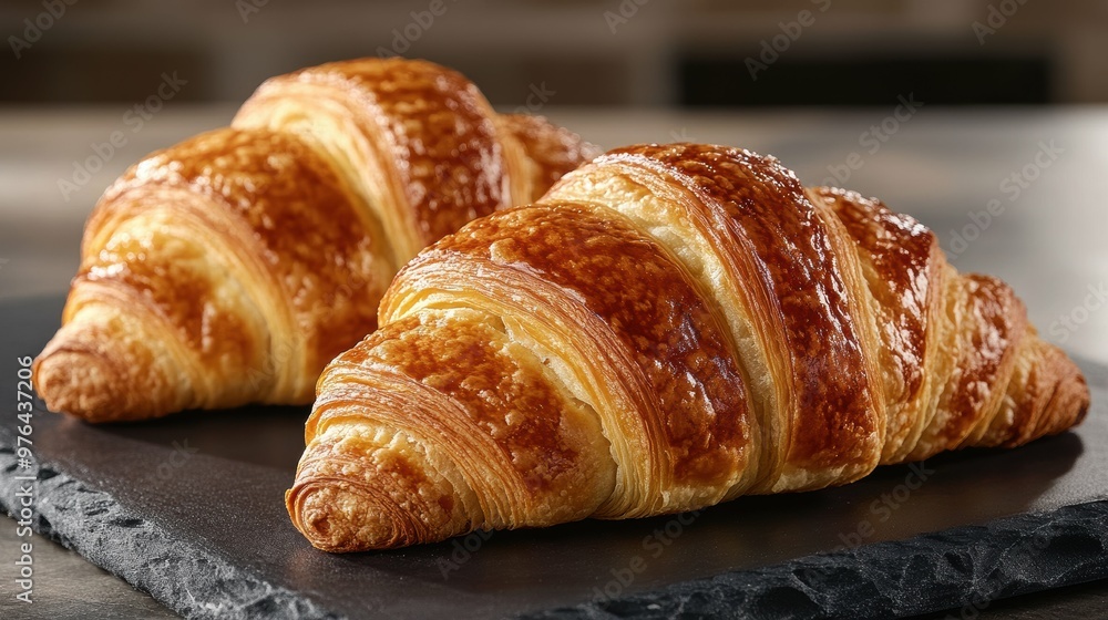 Flaky golden croissants displayed on a sleek monochrome surface for a sophisticated look Flaky golden croissants displayed on a sleek monochrome surface for a sophisticated look