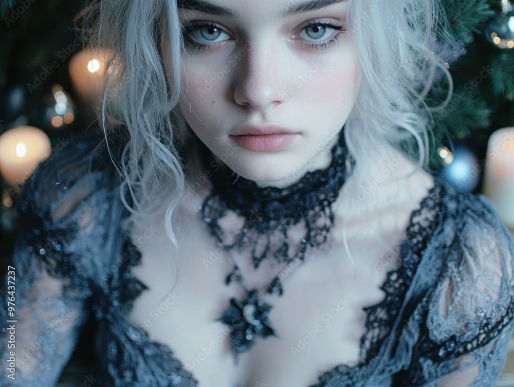 Captivating winter portrait of a woman with striking blue eyes and platinum blonde hair Captivating winter portrait of a woman with striking blue eyes and platinum blonde hair