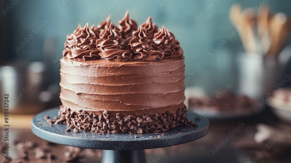 Decadent chocolate cake with rich ganache frosting set against a serene powder blue background Decadent chocolate cake with rich ganache frosting set against a serene powder blue background
